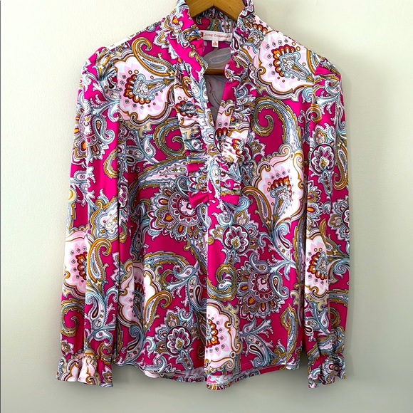 Jude Connally Palm Beach Paisley Pink Long Sleeve Top Ruffle V Neck Size S - Picture 1 of 8